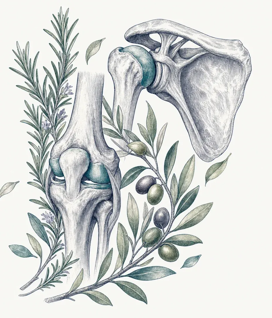 Engraved illustration of knee and shoulder joints intertwined with rosemary and olive branches